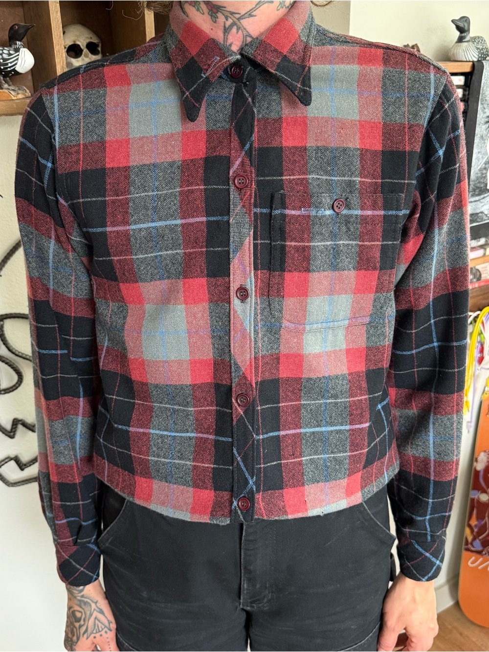 Vintage 70s Plaid Wool Turtle Shirt Alice Blaine for The Smiths ~ Size Small